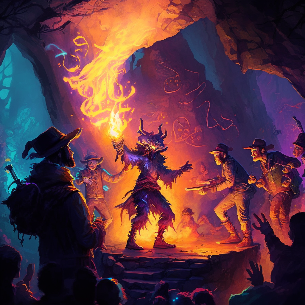 A fantasy dance party set in a cave, with fire